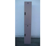 Used guest and employee wood lockers, front view, closed doors